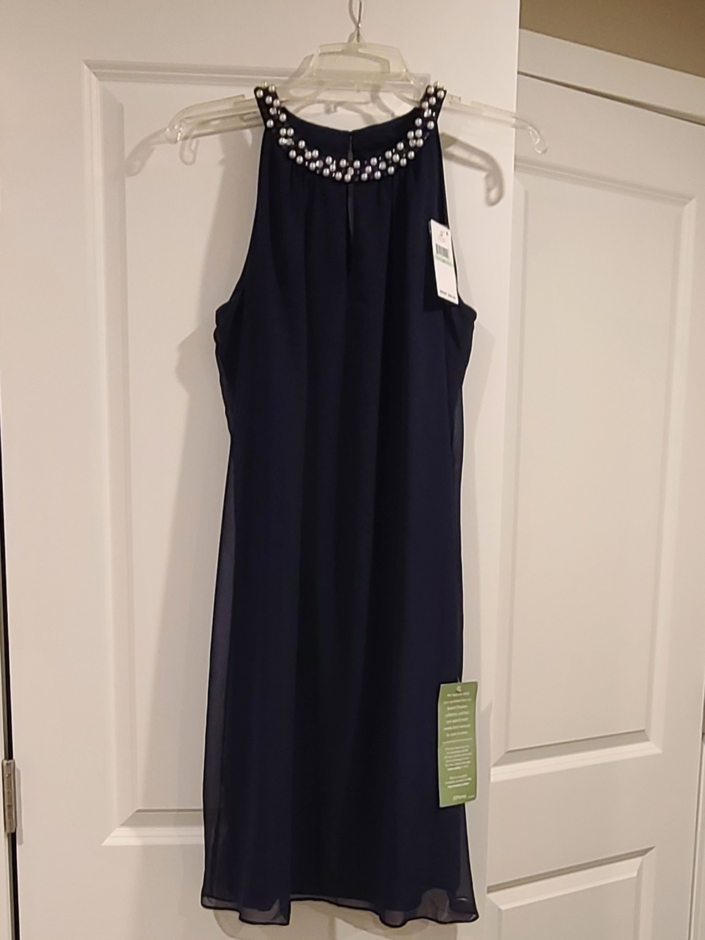 NWT SLNY Navy Beaded Halter Cocktail Dress